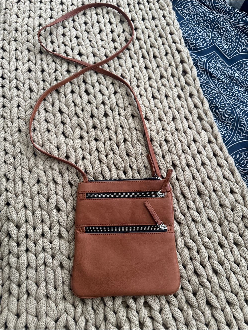 Sleek Tan Crossbody Bag with Dual Zip Pockets